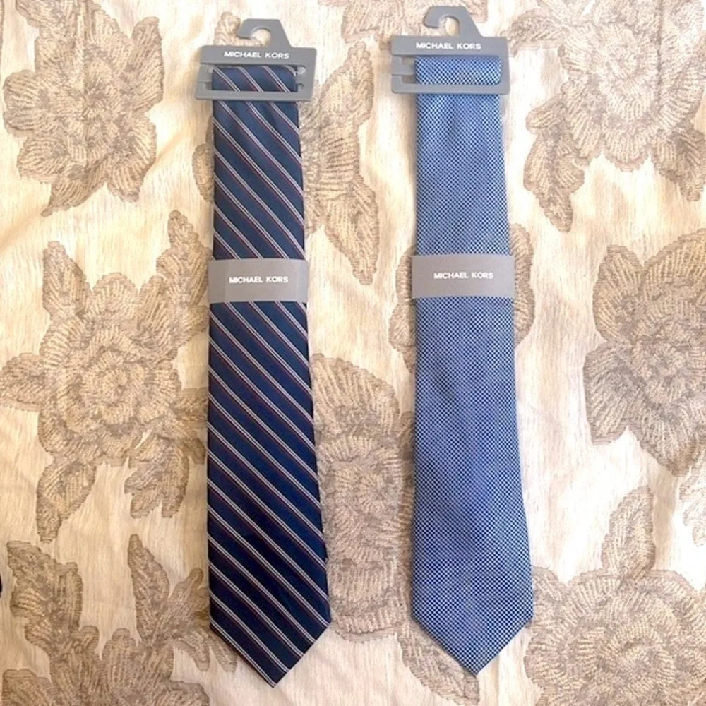 Brand New Michael Kors Set of 2 Ties Satin Sheen Stripes Blue Office Business